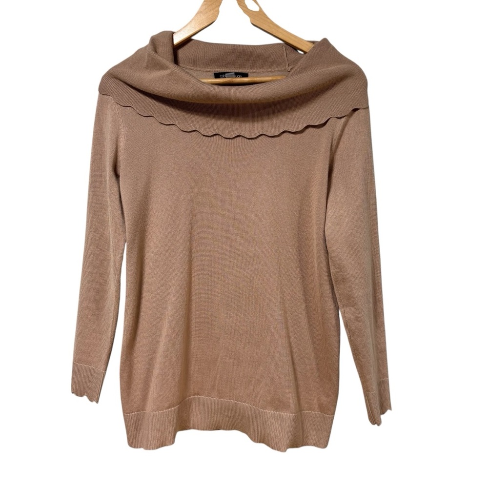 Cable & Gauge Scalloped Portrait Collar Sweater Tan Camel Rayon Blend SP #583‎